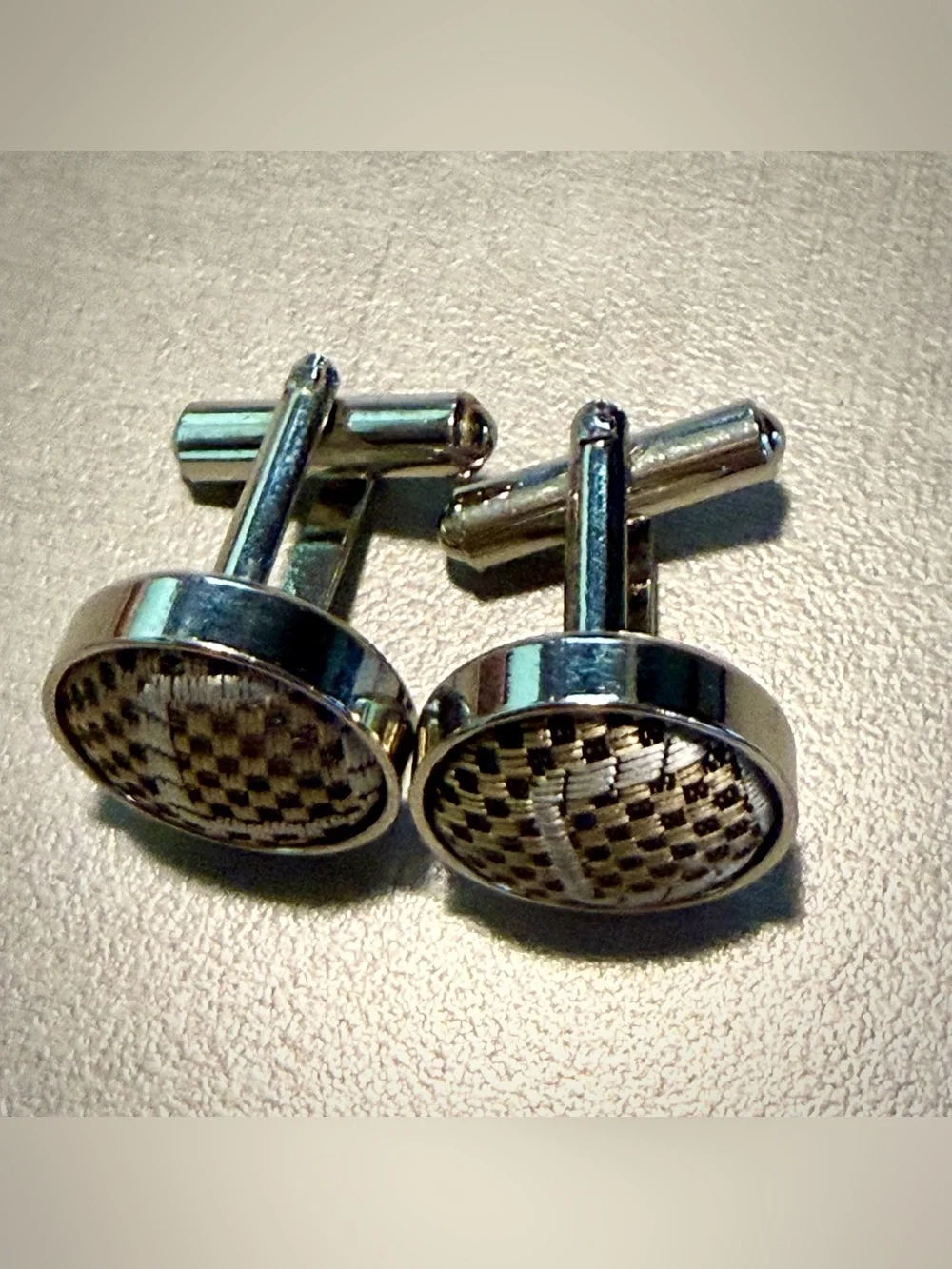 Carbon Fiber Cufflinks, Silver Woven. Texalium Style Inlay
